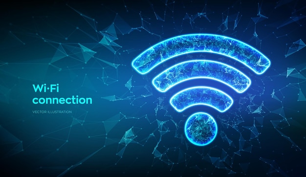 Wifi-netzwerksymbol low-poly-abstraktes wi-fi-zeichen wlan-zugriff wlan-hotspot-signalsymbol mobile verbindungszone datenübertragung router oder mobile übertragung polygonale vektordarstellung