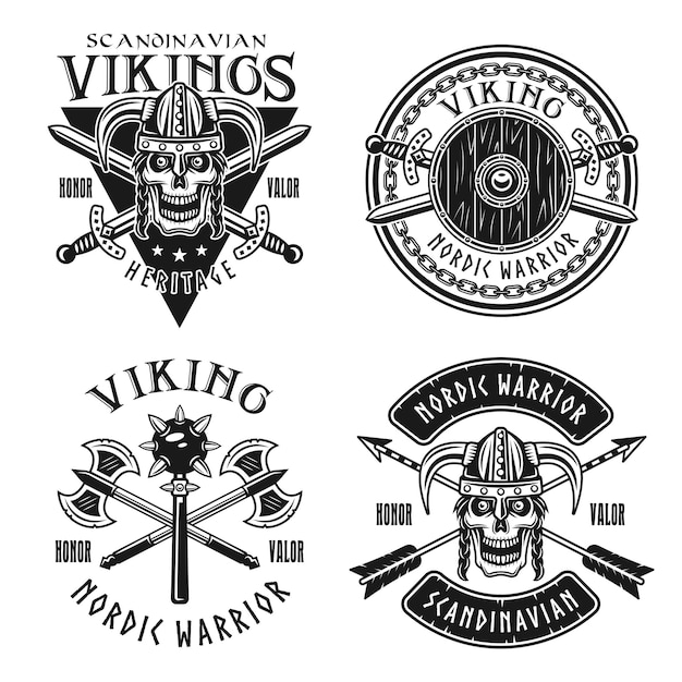 Vektor wikinger- oder nordische krieger set von vektoremblemen, etiketten, abzeichen, logos oder t-shirt-drucken im monochromen vintage-stil einzeln auf weißem hintergrund