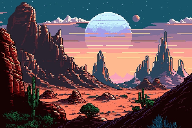 Wild-west-gebirgslandschaft ai generierte 8-bit-pixel-spielszenenhintergrund futuristisches nächtliches, trockenes westliches land mit felsen, sand und kakteen, die sich über den horizont erstrecken, mit mond und satellit