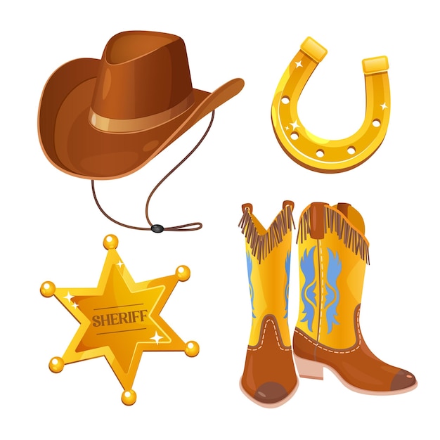 Wild West Ikonen Set enthält goldenen Hufeisen Cowboy Hut und Stiefel Sheriff Abzeichen