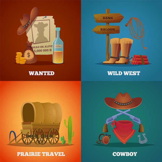 Wild-west-sammlungen. western cowboys pferd lasso salon und waffen symbole