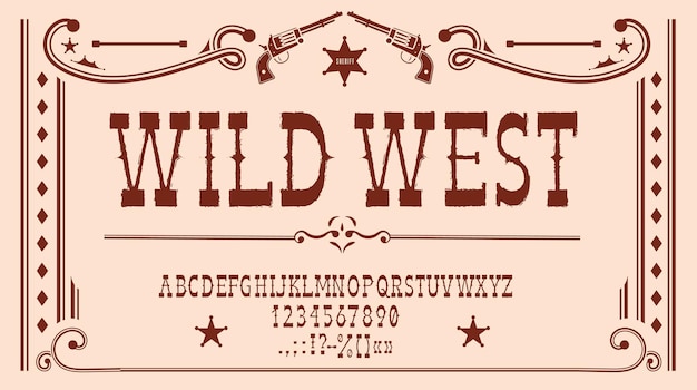 Vektor wild-west-schriftart rodeo oder western-schrift amerikanische cowboys-alphabet-vektortypografie alte vintage-western-saloon-schriftart oder country ranch und taverne abc-buchstaben texas sheriff oder oldschool-schriftsatz