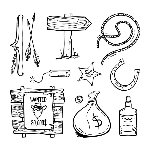 Wild west set handgezeichnet im doodle-stil gut zum drucken symbol des westlichen konzepts isolierter vektor