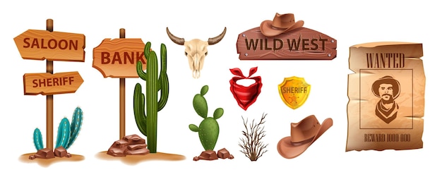 Vektor wild-west-vektor-icon-set cartoon-spiel ui cowboy-objekt sheriff goldenes abzeichen kuhschädel auf weiß