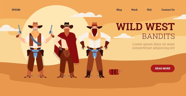 Wild-west-web-banner mit flachen vektorgrafiken von cowboys oder westlichen banditen