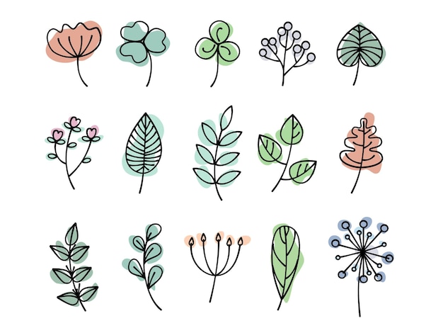 Vektor wildblumen-doodle-vektorsammlung. illustrationen mit pastellfarbenen wildpflanzen auf weißem hintergrund