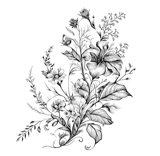 Wildblumen, florale Elemente zur Dekoration Vintage handgezeichnete Skizze Vektorillustration