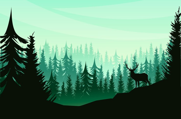 Vektor wilde naturlandschaft, hirschsilhouette auf einem hügel, bedeckt von wald, grünen bäumen, morgennebel, abendluft, wunderschöne naturlandschaft mit tieren, wildem leben, vektorillustration