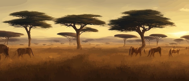 Vektor wilde savannenlandschaft savanne wilde afrikanische natur mit bäumen gras sand und tieren afrika