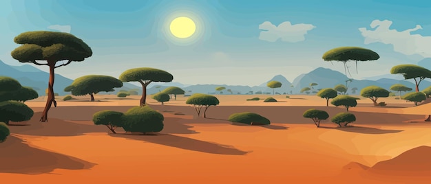 Vektor wilde savannenlandschaft savanne wilde afrikanische natur mit bäumen gras sand und tieren afrika