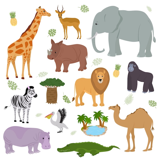 Wilder animalischer charakter des afrikanischen tieres elefantengiraffengorillasäugetier in der tierwelt afrikas illustrationssatz des nilpferdlöwenzebrakamels im nationalen safaripark lokalisiert auf weißem hintergrund