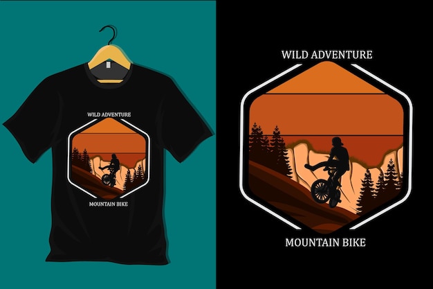 Vektor wildes abenteuer-mountainbike-retro-t-shirt-design