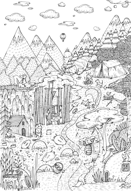 Wildes leben im wald gezeichnet im linienkunststil. malbuchseitengestaltung. vektor-illustration