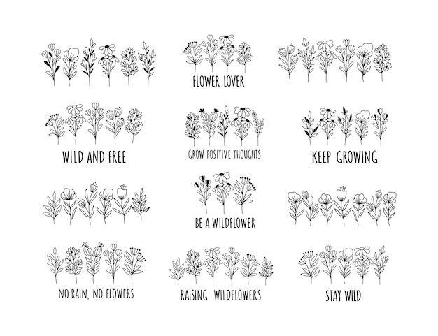 Wildflower line art vector illustration set blumengarten eleganz botanische sammlung positive sprüche handgezeichnete kräuter- und wiesenpflanzen illustration auf weißem hintergrund