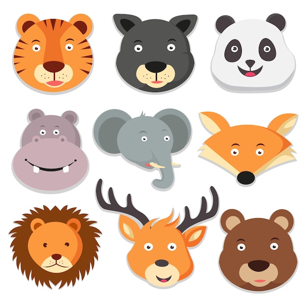 Vektor wildlife tiere cartoon icons set von tiger panda nilpferd elefant fuchs löwe hirsch vektor-illustration