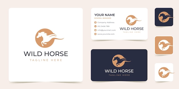 Wildpferd-logo-designvektor mit visitenkartenvorlage