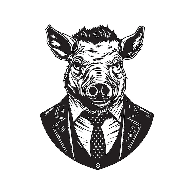Wildschwein im Anzug, Vintage-Logo, Strichzeichnungen, Konzept, schwarz-weiße, handgezeichnete Illustration