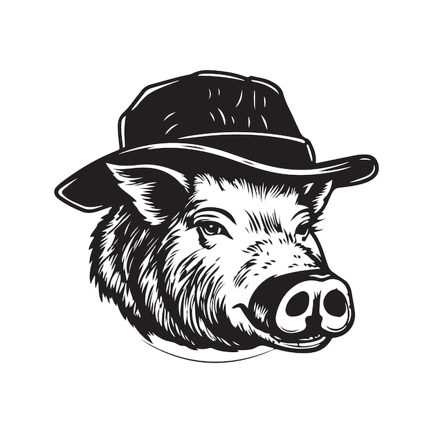 Vektor wildschwein mit hut, vintage-logo, strichzeichnungen, konzept, schwarz-weiße, handgezeichnete illustration