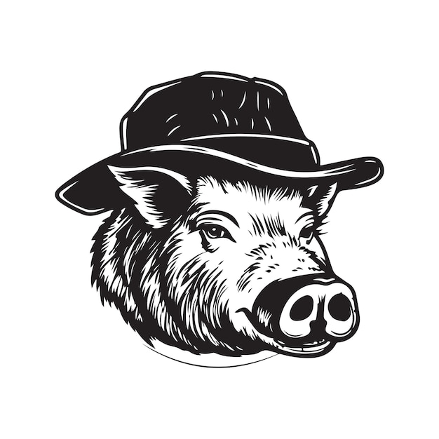 Wildschwein mit Hut, Vintage-Logo, Strichzeichnungen, Konzept, schwarz-weiße, handgezeichnete Illustration