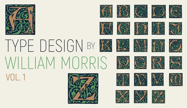 William morris-typografie, initialen mit laub. schriftgestaltung mit zweigen, blattwerk und blumen.