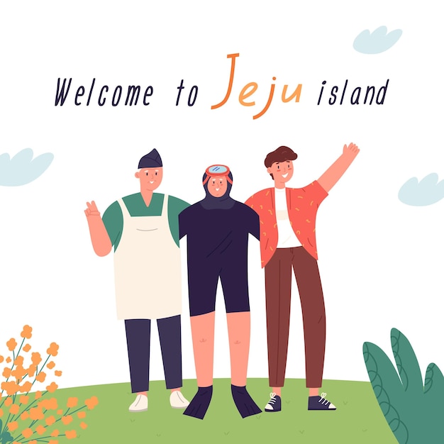 Vektor willkommen auf der inschrift der insel jeju mit flacher vektorillustration der fröhlichen menschen cartoon