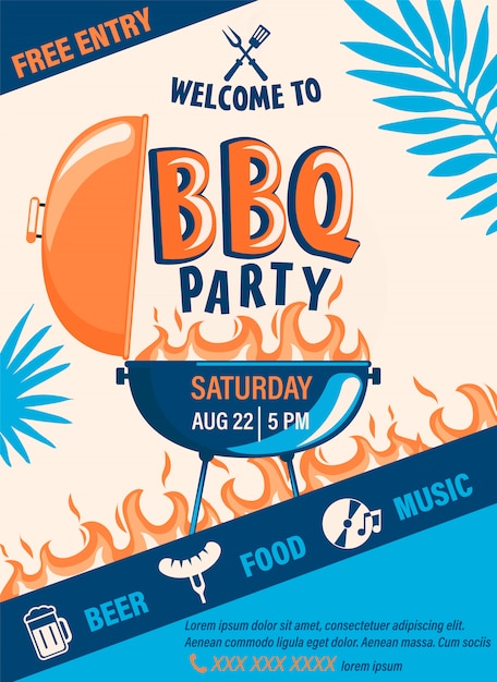 Vektor willkommen bbq party flyer. sommer barbecue wochenende cookout event mit bier, essen, musik. design vorlage