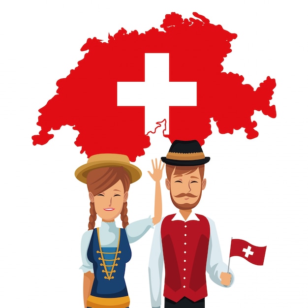 Willkommen in der schweiz mit traditionellen menschen und silhouette flagge karte