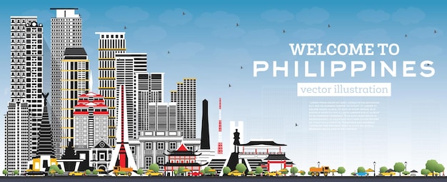 Willkommen in der skyline der stadt philippinen mit grauen gebäuden, blauem himmel und reflexionen