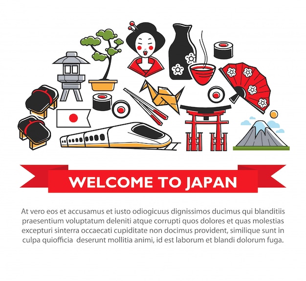 Willkommen in japan reiseplakat der japanischen kultur berühmte sehenswürdigkeiten und sehenswürdigkeiten symbole