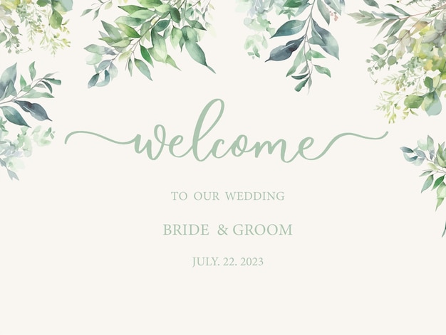 Willkommensschild für die Hochzeit. Kalligraphie mit grünen, aquarellierten botanischen Blättern