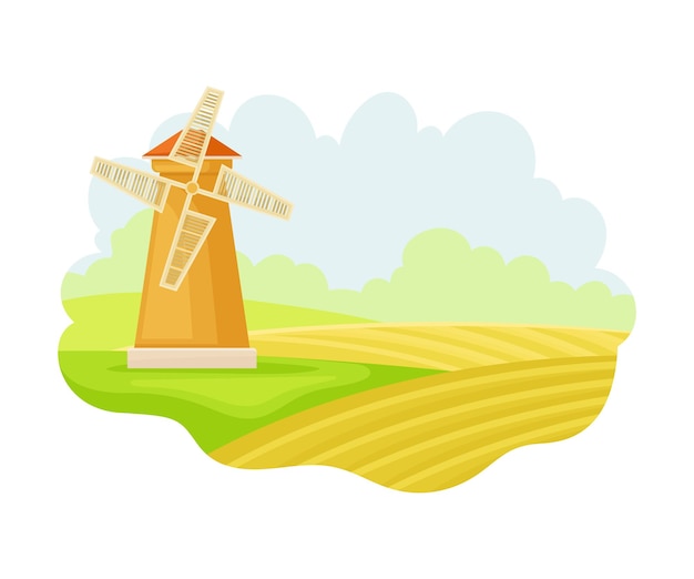 Windmühle auf dem feld als natürliche ressource und landwirtschaftliche maschine für das schleifen von vektorillustrationen