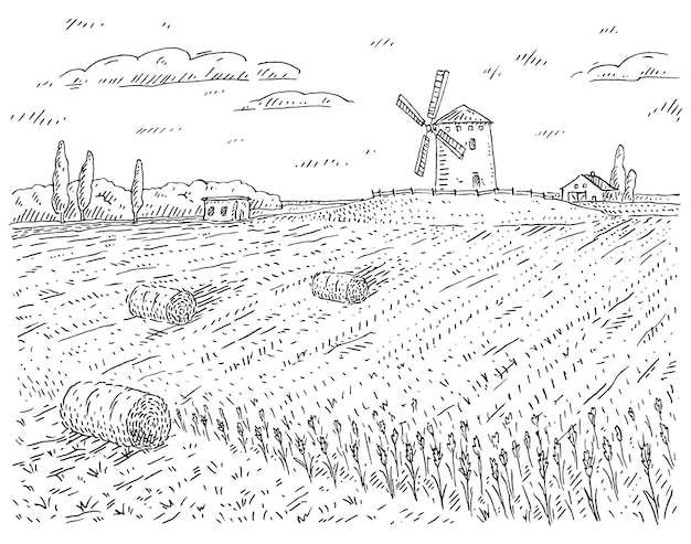 Windmühle auf weizenfeld schwarze gravierillustration des vintage-vektors