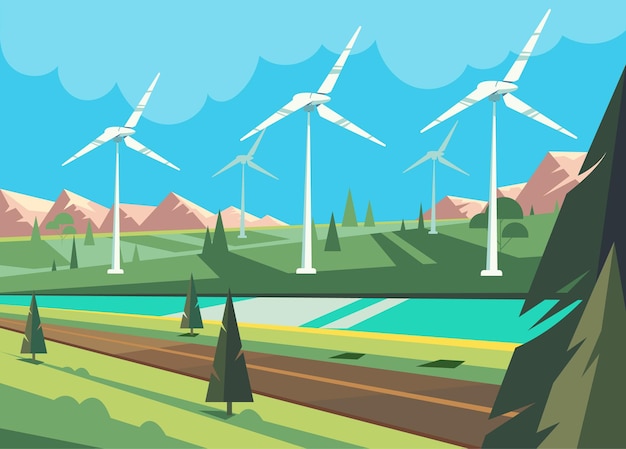 Windmühlen produzieren Energie Konzept Vektorflach Grafikdesign Cartoon-Illustration