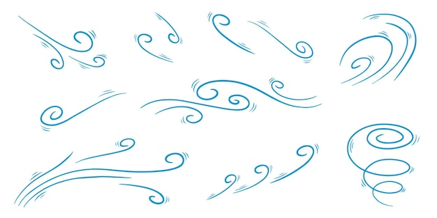 Vektor windschlag im doodle-stil, vektorgrafik bei windigem wetter kalte luft winken