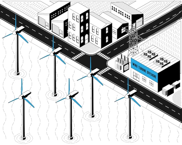 Windturbinenenergie, windturbinen-offshore-kraftwerk in isometrischer grafik