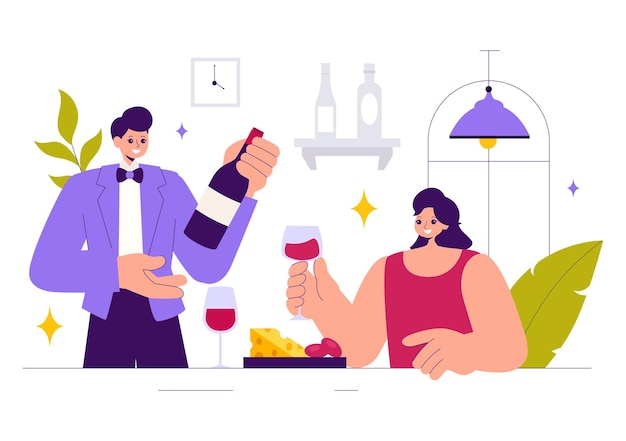 Wine Tasting Illustration mit Menschen, die Weingläser mit Flaschen und Trauben halten, um zu probieren, zu trinken, zu wirbeln und das Aroma zu genießen