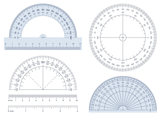 Winkelmesser. Winkelmesswerkzeug, runde 360-Winkelmesser-Skala und 180-Grad-Messillustrationssatz.