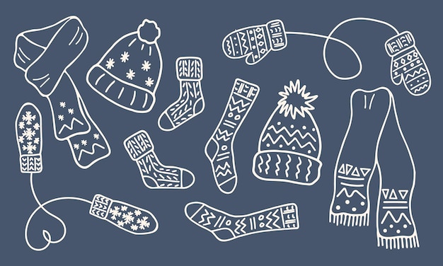 Vektor winter-accessoires-kollektion im doodle-stil. weiße kontur von hüten, fäustlingen, socken, schals