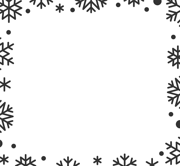Vektor winter eisige linie grenze schneeflockenkonfetti für weihnachtskarte banner party event einladung geschenkgutschein gutschein schwarz-weiß verzierter rahmen mit kopierbereich frostige schneeflocken auf weißem hintergrund