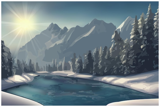 Winter in den Bergen Flusslandschaft in den Bergen Himmel Berge Wald Vektor-Illustration