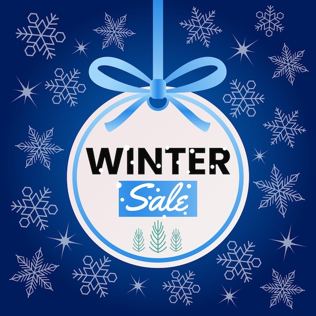 Winter sale tree toy blue banner mit schneeflocken-hintergrund-vektor-illustration