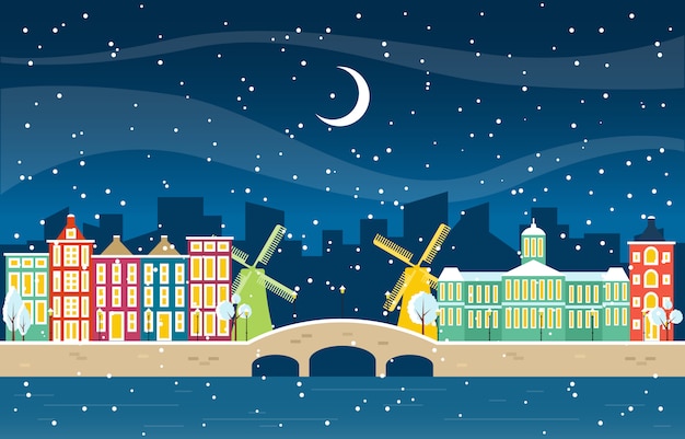 Winter-schnee in der amsterdam-stadt-stadtbild-skyline-markstein-gebäude-illustration