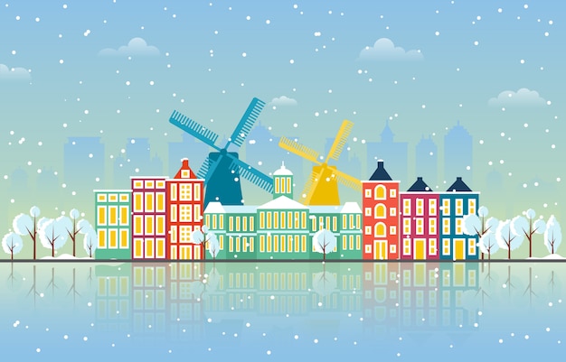 Vektor winter-schnee in der amsterdam-stadt-stadtbild-skyline-markstein-gebäude-illustration