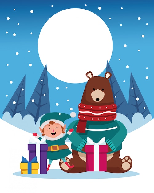 Winter schneelandschaft weihnachtsszene mit bär grizzly illustration