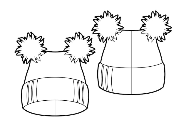 Winter strickmütze mit zwei pompons, schwarz-weiß-skizze, vektor-illustration isoliert auf weißem hintergrund. winterzubehör