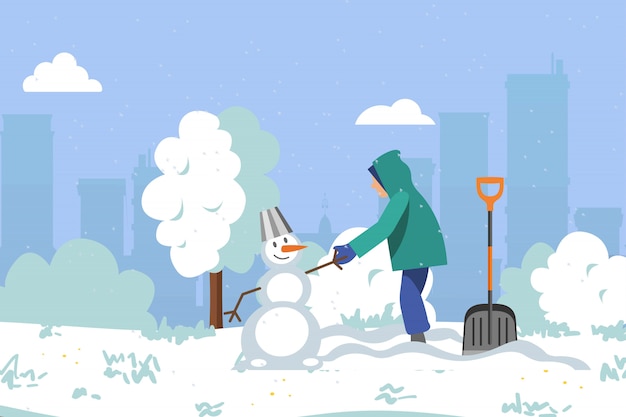 Winter um park, viel schnee, kinder machen schneemann, schönen, hellen sauberen schneefall, cartoon-illustration.