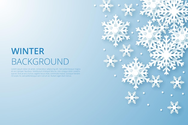 Winter-Vektorhintergrund mit Schneeflocken im Papierschnitt-Stil
