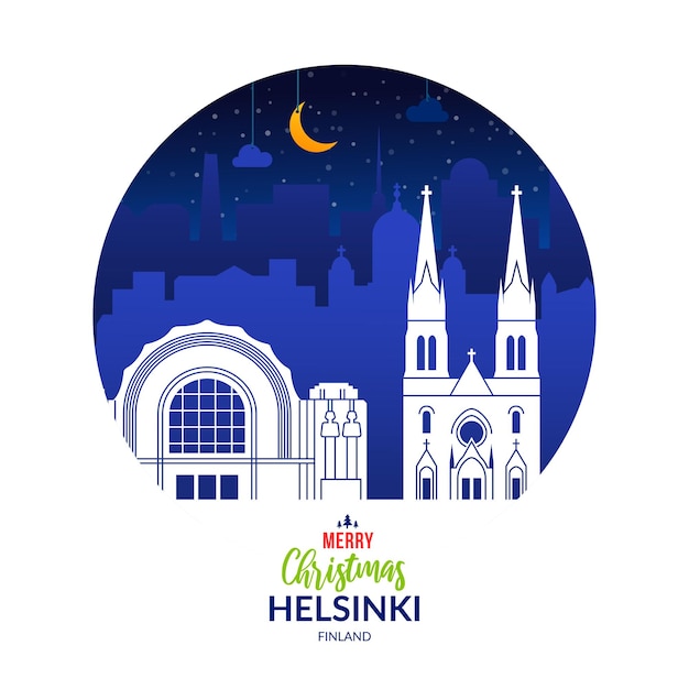 Winter verschneites etikett mit weihnachtsferien stadt helsinki, finnland