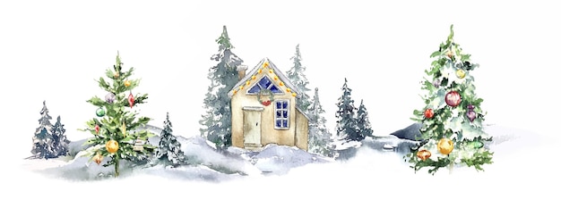 Winter Weihnachtsbaum Illustrationskarte Cottage Haus Illustration