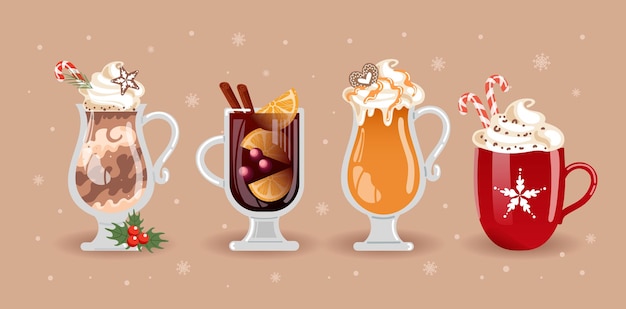 Vektor winter-weihnachtsgetränke schokolade, kaffee, kakao und schlagsahne hot spiked apple cider mit brandy und karamell glühwein zuckerstange vektorillustration von lebensmitteln für menü-café-postkartenaufkleber